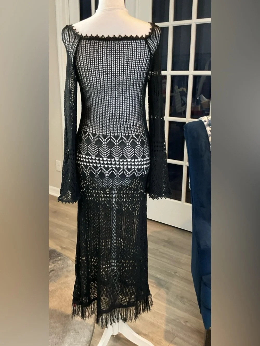 Cider Black Crochet Open Knit Maxi Dress Long Flare Slv., Fringe Hem Size M NWT - Picture 7 of 13